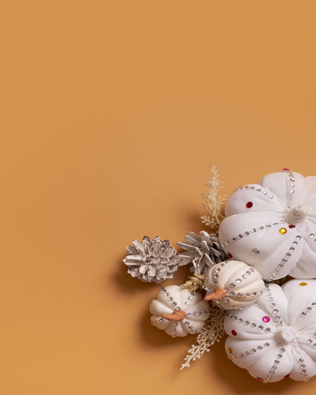 White decorative hand made pumpkins with shiny stones and pine cones on colored background. Thanksgiving day concept. Copy space